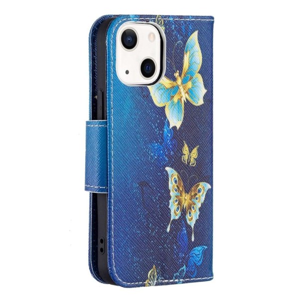 Wonderland iPhone 13 flip etui - Gyldne Sommerfugle Blue