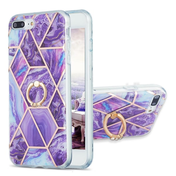 Marble Patterned Suojakuori With Ring Holder For iPhone 8 Plus - Tumma Violetti Purple