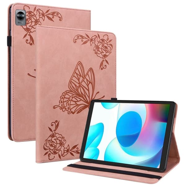 Realme Pad Mini læderetui med sommerfugleblomstmønster - Lyserød Pink