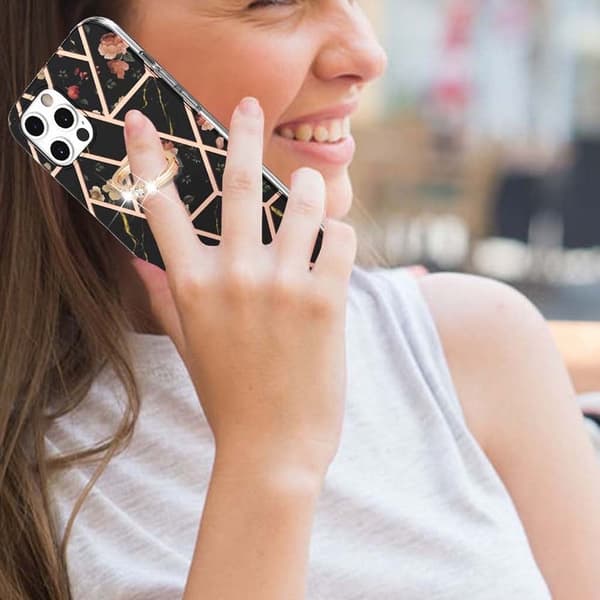 Marble Mønstret Deksel med Ring Holder til iPhone 12 Pro Max - Svarte Blomster Black