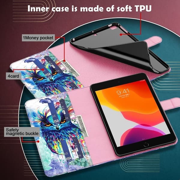 Lenovo Tab P11 Pro läderfodral med coolt mönster - Akvarell Uggla multifärg
