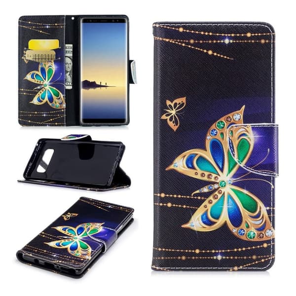 Samsung Galaxy Note 8 Mønster PU Lær Flip Etui - Diamond Sommerfugl Multicolor
