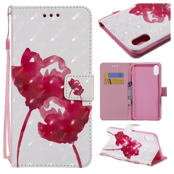 iPhone Xs Max flip cover i læder med lyspletmønster - Rød Blomst Red