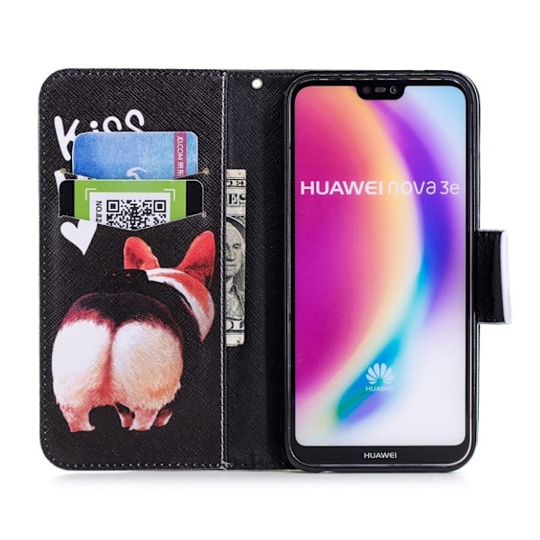 Huawei P20 Lite/Nova 3e mobilfodral PU läder material skyddande stående plånbok mönster på - Kiss my ass multifärg