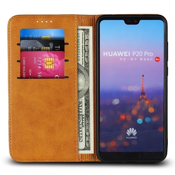 Huawei P20 Pro magnetiskt plånboks fodral av mjukt syntetläder - Brun Brun