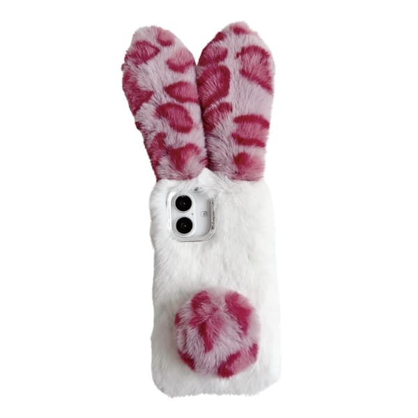 iPhone 16 Plus Etui Fluffy Leopard Splicing Bunny Plys Fleksibelt telefon cover - Lyserød Pink