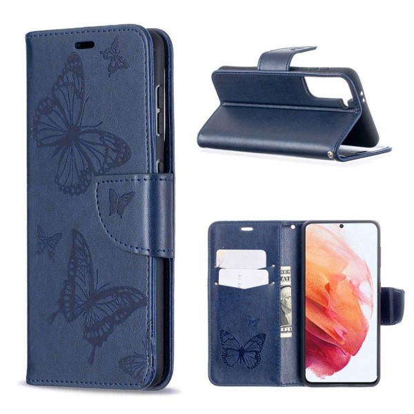 Butterfly läder Samsung Galaxy S21 fodral - Blå Blå