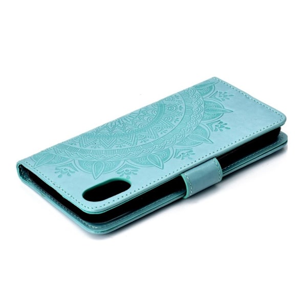 iPhone Xr flip case i læder med Mandala-mønster - Cyan Green