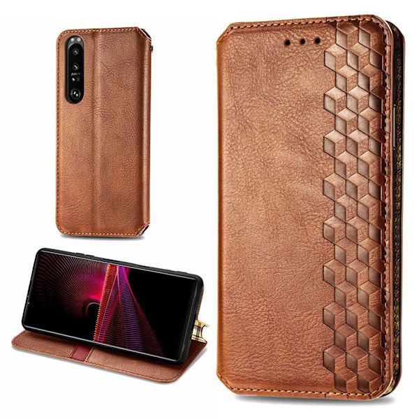 Läder Sony Xperia 1 III fodral med romb-design - Brun Brun