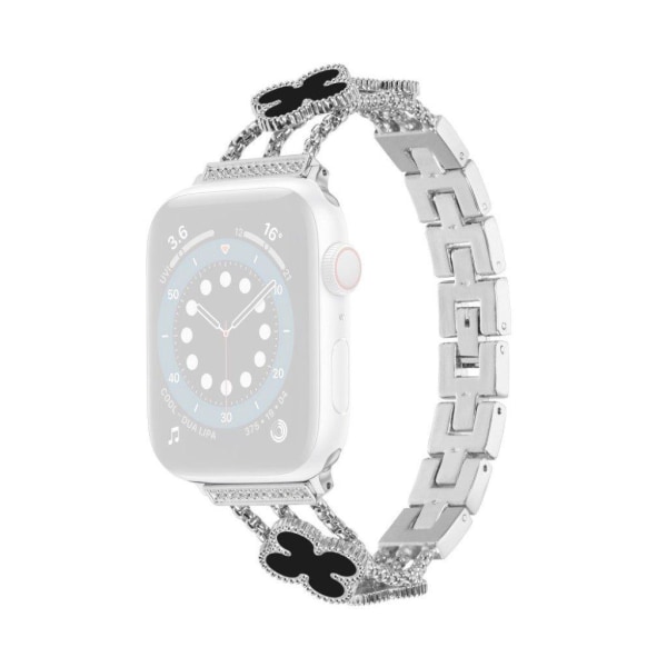 Apple Watch 42mm - 44mm blomsterdekoration rhinestone urrem - Sølv / Sort Silver grey