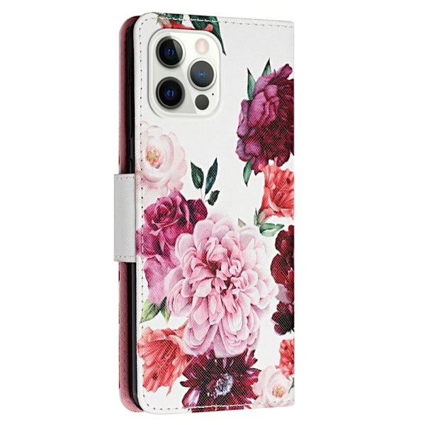 Vegansk lædermønstertryk til iPhone 14 Pro Max, Cross Texture Stand Wallet Folio Flip Phone Cover med håndrem - Peon Pink