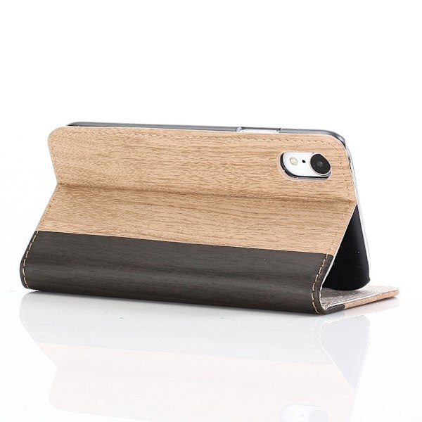 iPhone Xs Max flip cover i læder med træstruktur - Khaki Brown