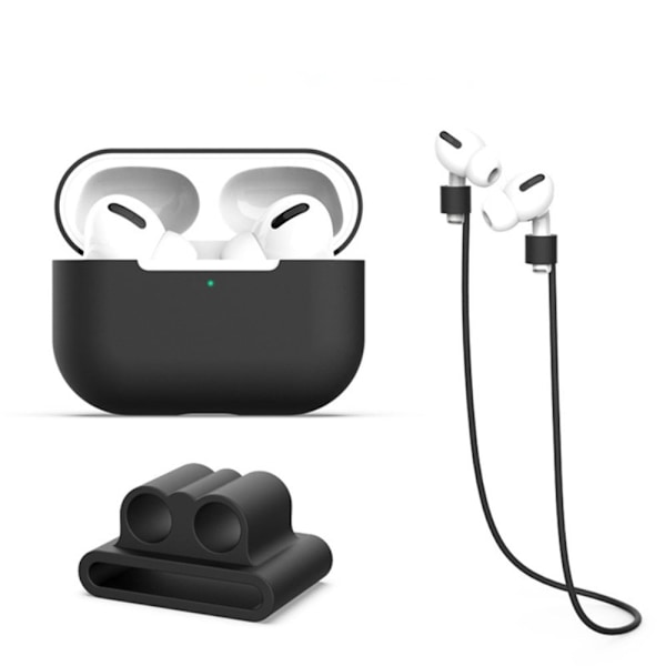 AirPods Pro 2 silikoneovertræk med strop og holder til ørepropper - Sort Black