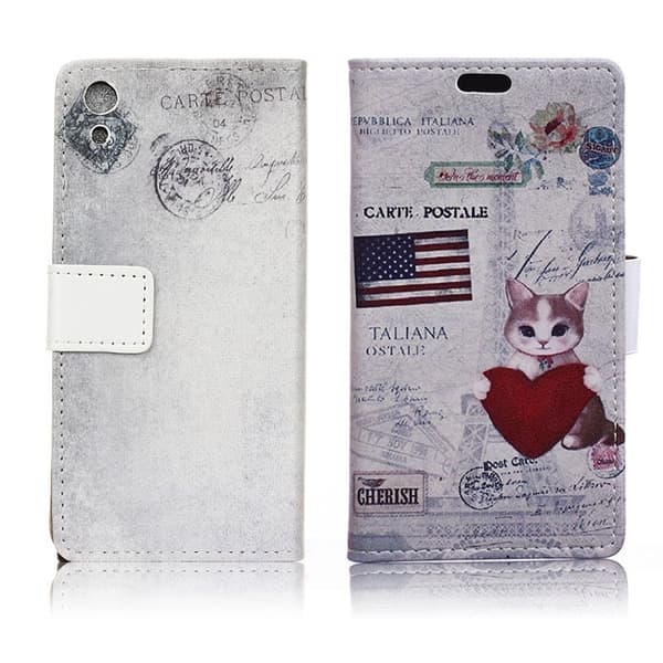 Sony Xperia Xa1 Mønstret Lær Flip Etui - Us Flag Og Katt Holder Hjerte Multicolor