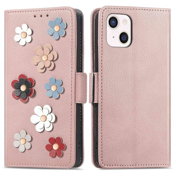 Mjukt läder iPhone 13 Mini fodral med blomdekor - Rosa Rosa