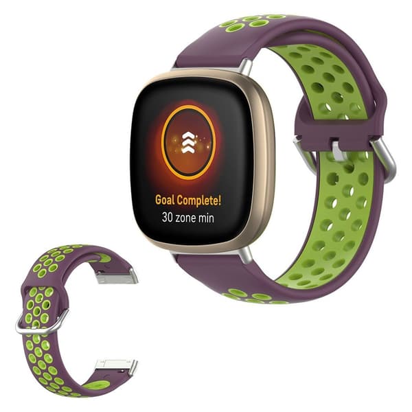 Fitbit Versa 3 / Sense bi-farve silikone rem - lilla / Fluorescent grøn Pink
