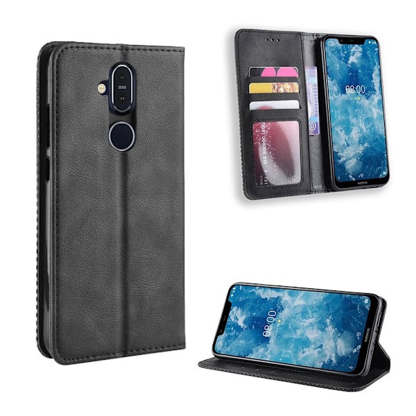 Nokia 8.1 vintage stil læder flip etui - Sort Black