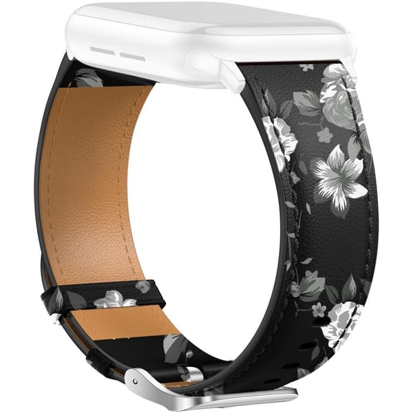 Læderrem Apple Watch Series 10 42mm Spids halerem Sølvspænde - Sort / Grå Blomster Black