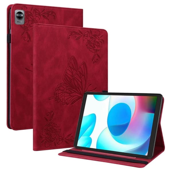Realme Pad Mini læderetui med sommerfugleblomstmønster - Rød Red