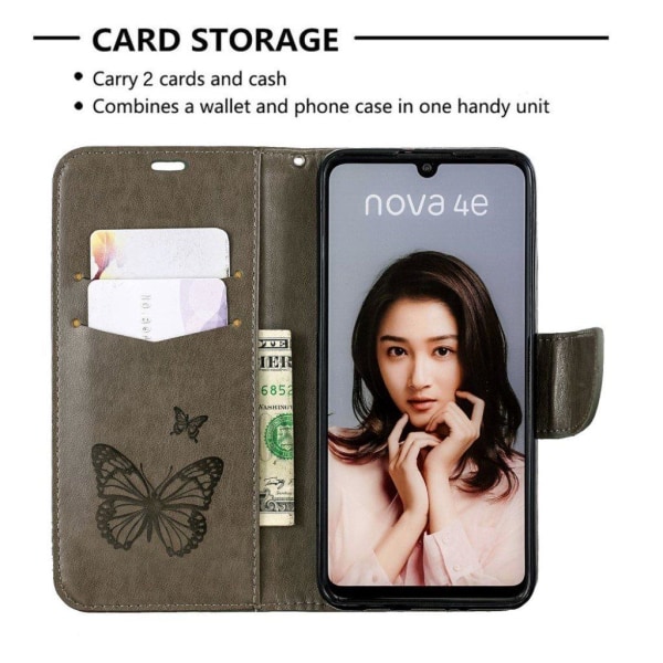 Butterfly Huawei P30 Lite kotelot - Harmaa Silver grey