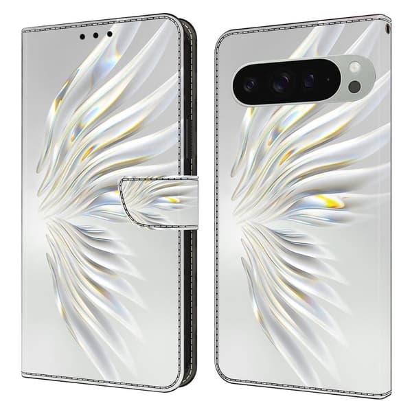 Google Pixel 9 Pro XL plånboksfodral mönstrat tryck stativ läder flip telefonskal - Kristallvingar Vit