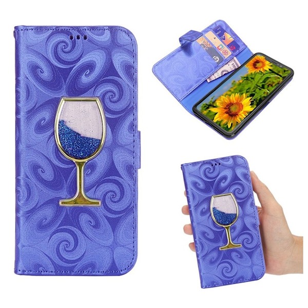 iPhone 9 Plus mobilfodral silikon syntetläder plånbok timglas vinglas glitter - Blå Blå