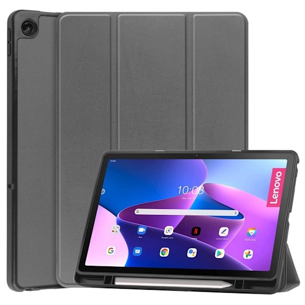 Tri-fold læderstativ-etui til Lenovo Tab M10 Plus (Gen 3) - Grå Silver grey