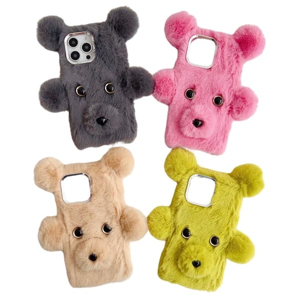 iPhone 16 Pro Max Fodral 3D Bear Faux Fur Fluffy Inner Flexible Phone Cover - Grå Silvergrå