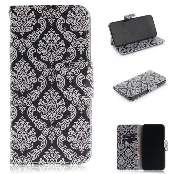 iPhone 9 Plus mobilfodral syntetläder silikon plånbok stående tryckmönster - Damast blomma Vit