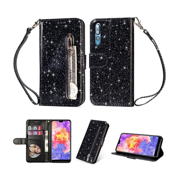 Huawei P20 Pro mobiletui i kunstlæder med glitter og kortholder - Sort Black
