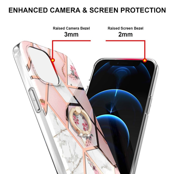 Marble Patterned Suojakuori With Ring Holder For iPhone 13 - Pink Flowers Pink