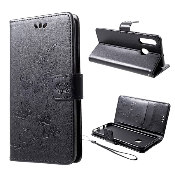 Huawei P30 Lite trykt sommerfugle blomster læder flip etui - Sort Black