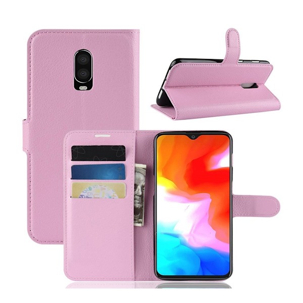 OnePlus 6T flipfodral i litchi-läder - Rosa Rosa