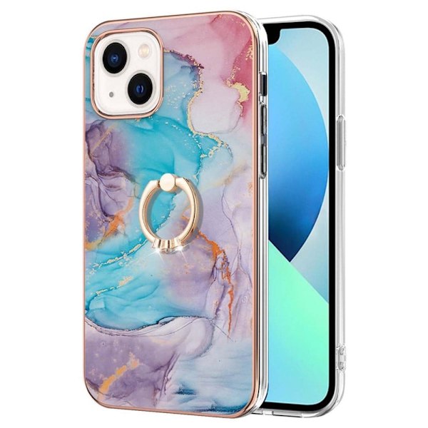 Marble Patterned Suojakuori With Ring Holder For iPhone 14 - Milky Way Marble Blue Multicolor