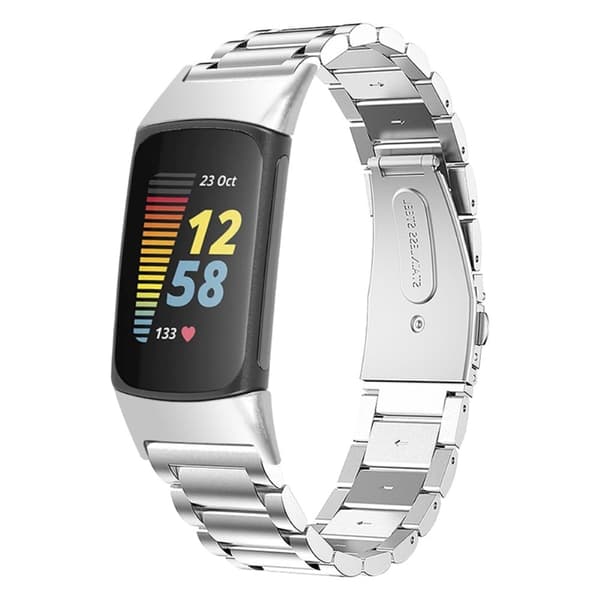 Fitbit Charge 5 lyxigt klockarmband i rostfritt stål med tre pärlor - Silver Silvergrå