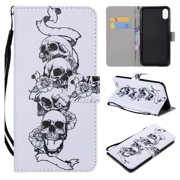 iPhone Xs Max mønstret magnetisk læder flip cover - Kranie Og Blomster Silver grey