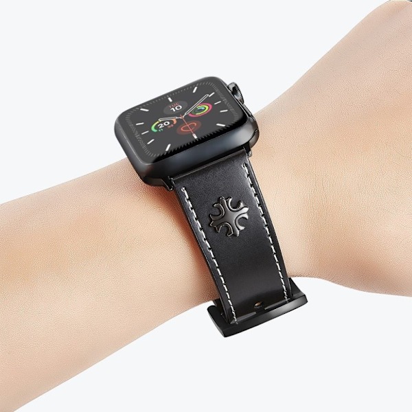 Apple Watch Series 5 / 4 44mm ægte cross style læderurrem - Sort Black
