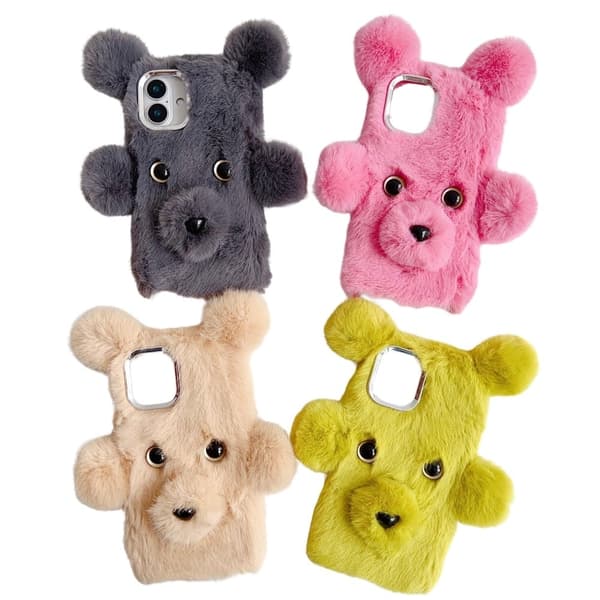 iPhone 16 Case 3D Bear Faux Fur Fluffy Inner Flexible Phone Cover - Grey Silver grey