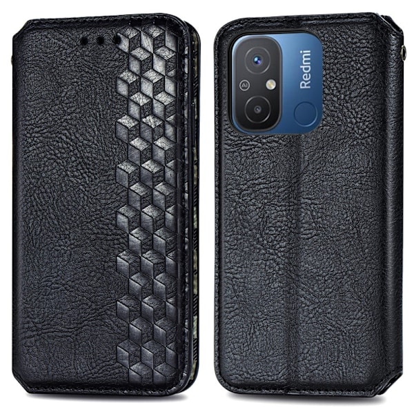 Læder Etui med A Stilfuldt Rhombus Tryk til Xiaomi Redmi 12C / 11a - Sort Black