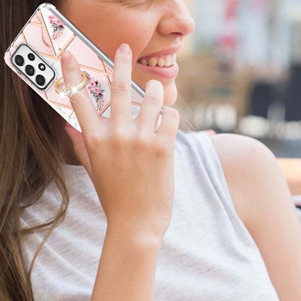 Marble Patterned Suojakuori With Ring Holder For Samsung Galaxy A52s 5G / A52 5g / A52 - Pink Flowers Pink