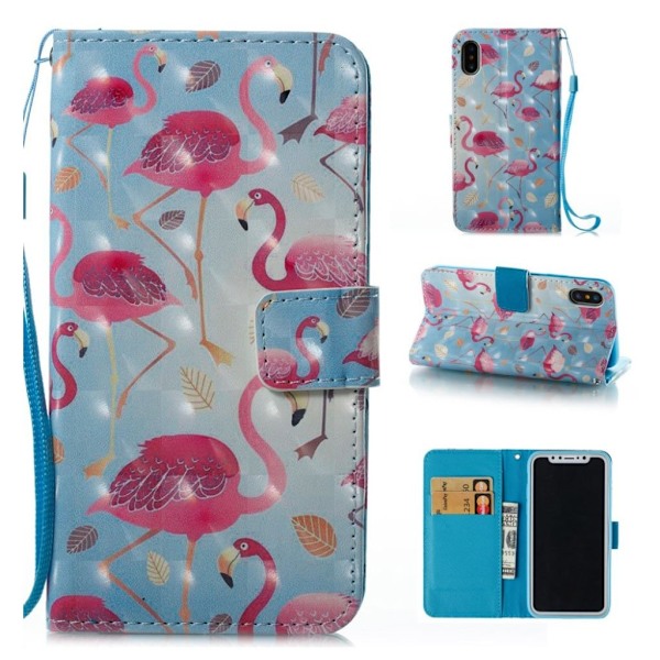 iPhone Xs Max Kuviollinen Valotäplä Koristeltu Synteetti Nahkainen Lompakko Suojakotelo - Flamingot Multicolor