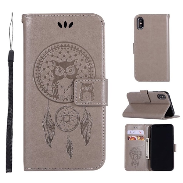 iPhone Xs Max flip cover i læder med aftryk af ugle og drømmefanger - Grå Silver grey
