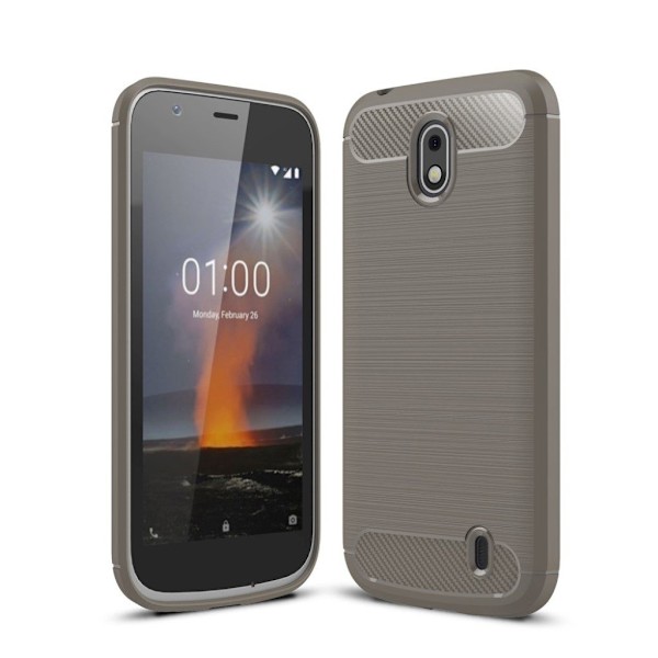 Nokia 1 mobilskal TPU material kolfiber textur - Grå Silvergrå