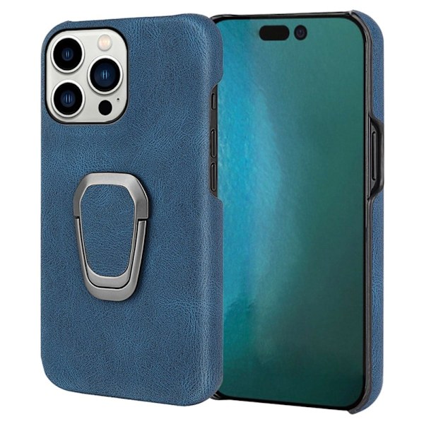 Shockproof Läder Skal med Oval Kickstand till iPhone 14 Pro Max - Blå Blå