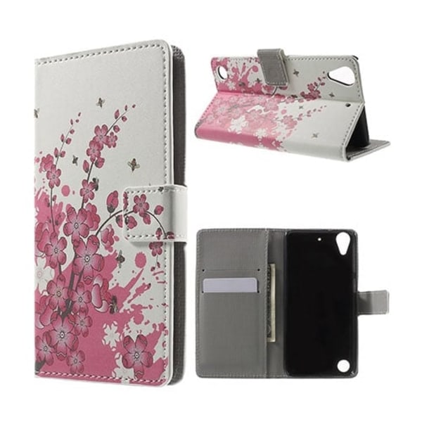 Holberg læder-etui til HTC Desire 530 med kortholder og stander - Blommetræ i blomst Multicolor