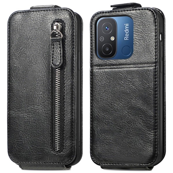 Vertical Flip Phone Etui med Zipper til Xiaomi Redmi 12C / 11a - Sort Black