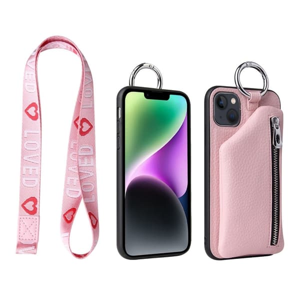 Zipper læderetui med pung til iPhone 14 Plus - Lyserød Pink