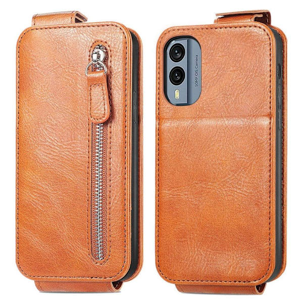 Vertical Flip Phone Suojakotelo With Zipper For Nokia X30 - Ruskea Brown