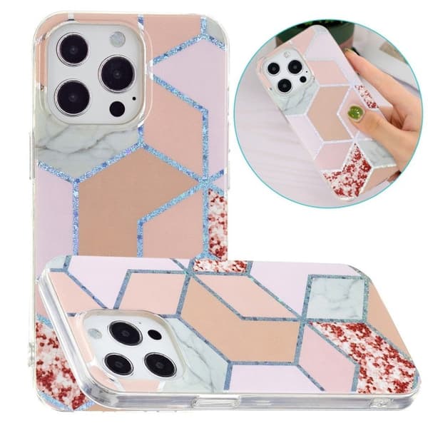 Marble iPhone 13 Pro Max Etui - Pink Rhombus Multicolor