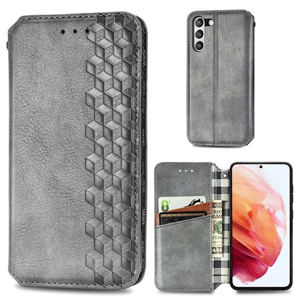Läder Samsung Galaxy S21 FE fodral med romb-design - Silver/Grå Silvergrå